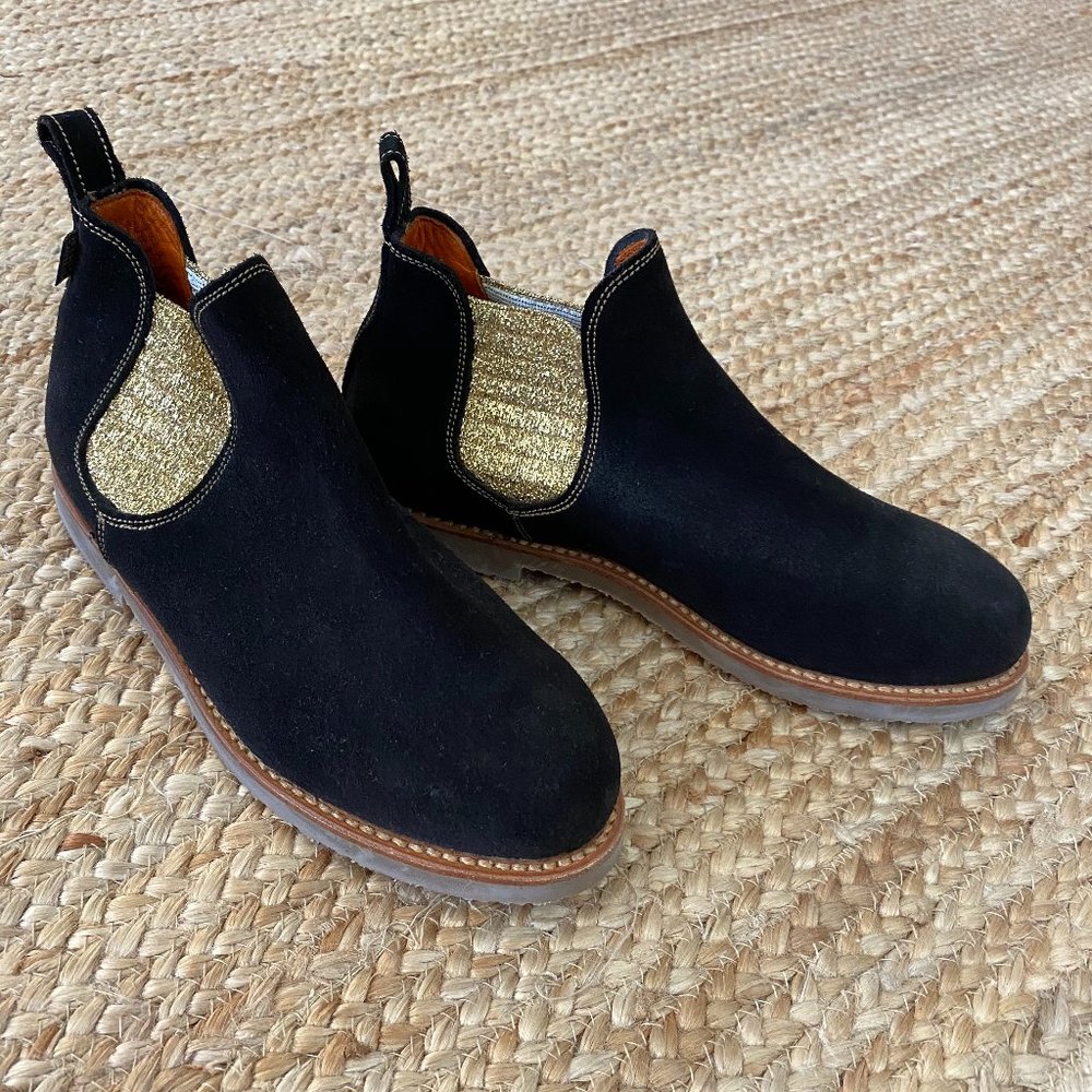 Penelope Chilvers Black Suede and Gold Booties, Size 42